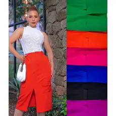 Saia Midi Cargo Alfaiataria C/ Fenda Central Peito - Bolso Lateral Elegante Feminina