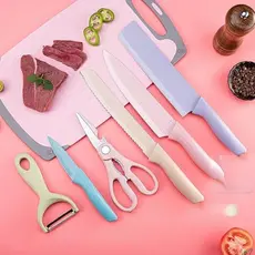 Jogo de Facas Coloridas Tesoura 6 Peças Kit Cozinha Chef