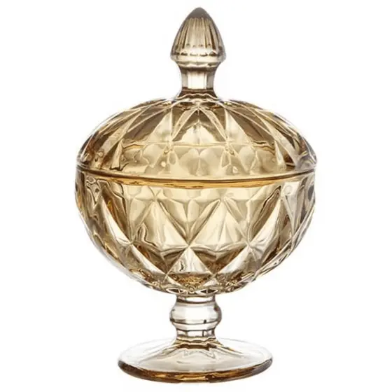Potiche Cristal C/ Pé Diamond Âmbar Baleiro Bomboniere 12x18x5cm Vidro Resistente