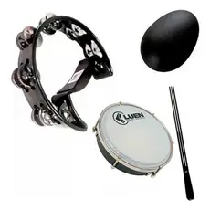 Kit Pandeiro Meia Lua Preto + Tamborim com Baqueta + Ovinho de Percussão
