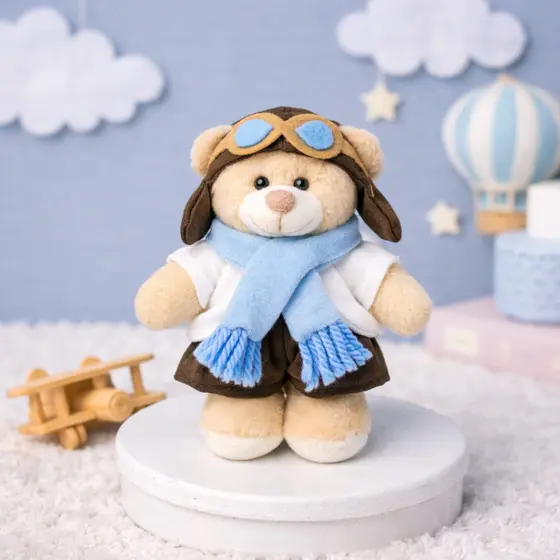 Urso Family Aviador Pelúcia 12cm para Decoração de Quarto de Bebê