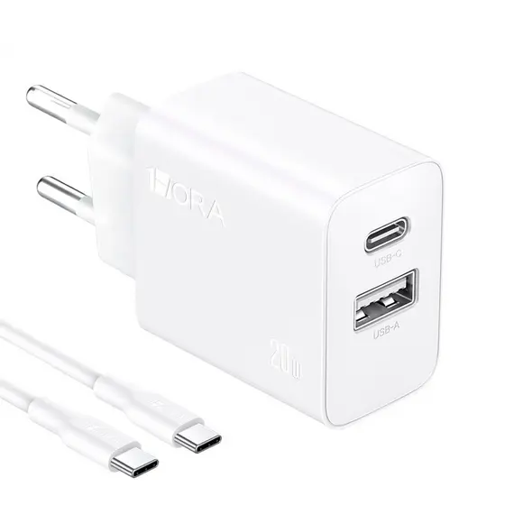 Carregador Parede 1Hora Porta Usb A/C+Cabo Tipo C Branco