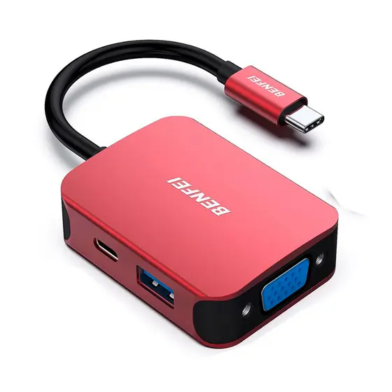 Benfei Hub USB-C 4 in1 p/HDMI VGA USB 3.0 Pd60W Vermelho