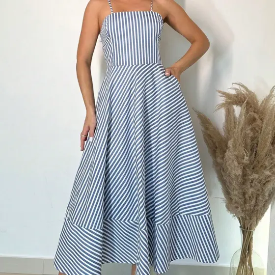 Vestido elegante casual listrado/liso primavera/verão brasil copa do mundo dia das mães