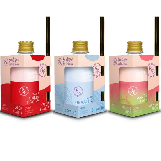 Kit com 3 Aromatizadores de Ambiente – Manga Rosa, Cereja & Avelã, Orvalho 250ml