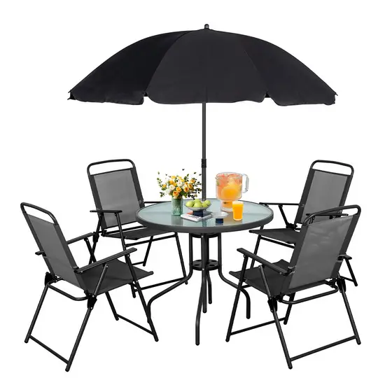 Mesa Redonda Vidro Life 4 Cadeira Dobráveis e Guarda-sol