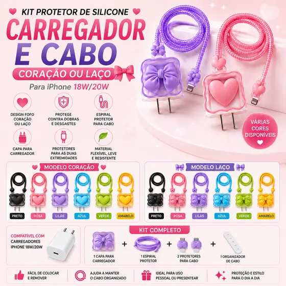 Capa Protetora Silicone para Carregador iPhone 18W 20W com Organizador de Cabo, Modelo Coração ou Laço