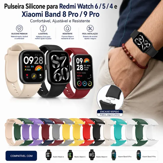 Pulseira de Silicone para Redmi Watch 4 5 6 e Xiaomi Smart Band 8 Pro 9 Pro Ajustável Confortável Resistente