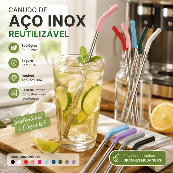 Canudo Inox com Bico de Silicone para Copo Quencher 40oz – Reutilizável, Extra Longo