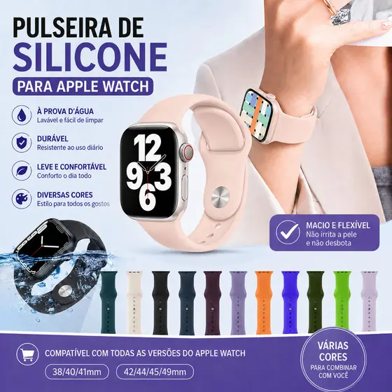 Pulseira Silicone para Apple Watch 38 40 41 42 44 45 49mm Series SE/SE2/SE3 Ultra Ajustável Esportiva Smartwatch