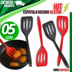 Conjunto Kit 5 Espátula Silicone Vazada Grelhados Fritura Cozinha Restaurante Ovo Carne Hamburguer