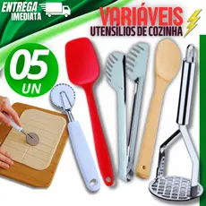 Conjunto 05 Peças - Espátula Silicone Cortador Massas Pegador Colher Bambu Amassador Batatas Premium