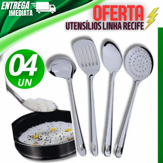 KIT 04 utensílios Cozinha Concha Espátula Vazada Colher Arroz Escumadeira Linha Resistente Premium
