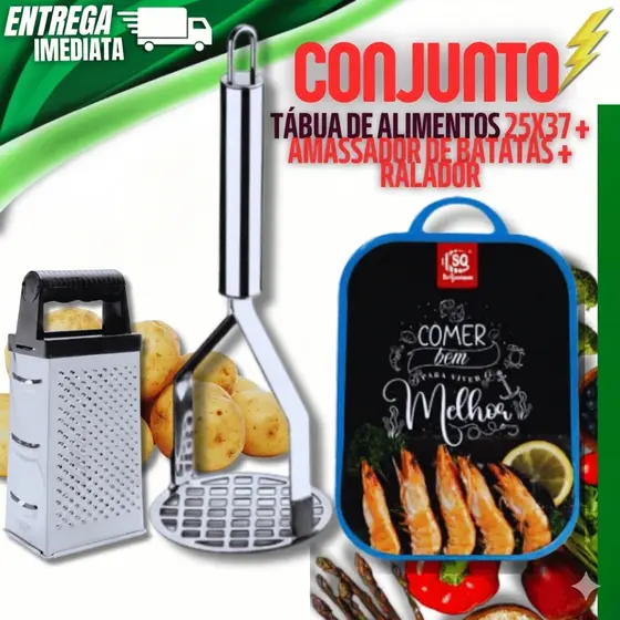 Amassador de Batatas + Ralador + Tabua Carne Estampada Corte Carnes Frios Frutas Legumes