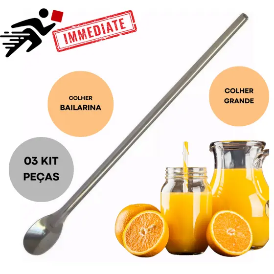 03 Colher Bailarina para Suco Jarras Leites em Aço Inox Grande 30 cm