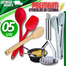 Jogo 05 Utensílios - Amassador Batatas Colher Bambu Espátula Colher Silicone Pegador Massas Multiuso