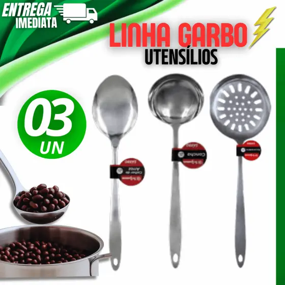 Jogo 03 Unidades - Escumadeira Linha Garbo Concha Garbo Colher Variáveis Utilidades Premium Multiuso