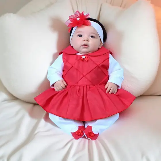Macacão Bebê Menina Longo de Malha Roupas Infantis Bela Vermelho 03 Peças