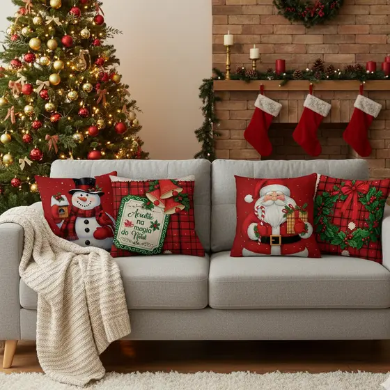 Almofadas Decorativas de Natal Kit 4 Capas Papai Noel Feliz Natal 45X45 Sala Quarto Decoração