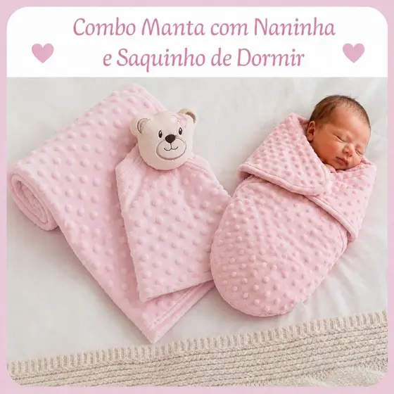 Manta Bebê com Naninha e Saquinho Saco de Dormir Kit 3 Peças Premium Enxoval Bebê Frio Pipoquinha