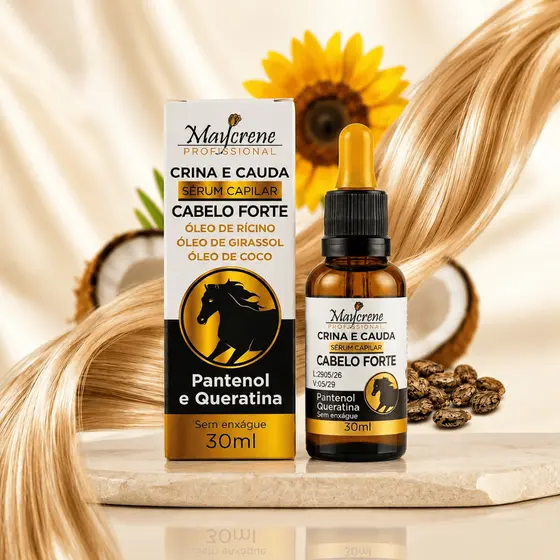 Sérum Capilar Crina e Cauda -Óleo de Rícino, Girassol e Coco - Pantenol e Queratina -  30ml - Umectação Profissional