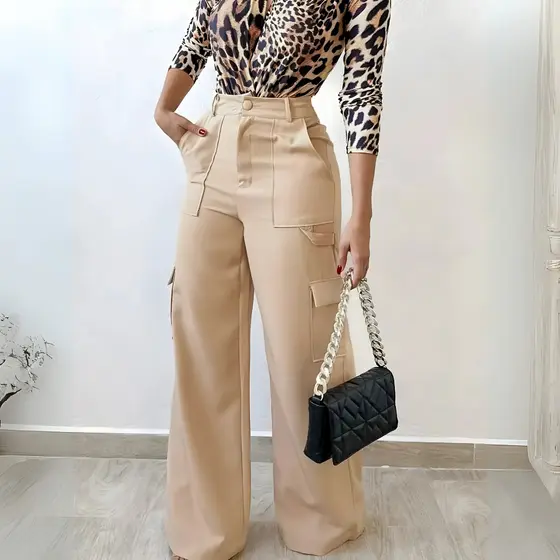 Calça Pantalona Cargo Alfaiataria com Bolsos Wide Leg Casual Para Trabalhar PP ate G1