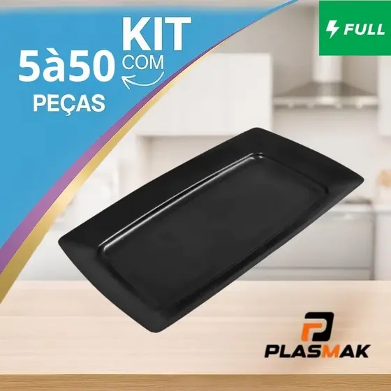 Kit 5 á 50 Bandejas Petisqueira Plástico Preto Lanches Porções Petisco Festas Lanchonete Churrasco