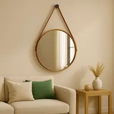 Espelho Decorativo Adnet 40cm Couro Alça Suporte Banheiro Sala Quarto Escritório