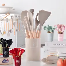 Kit 12 Peças Utensílios De Cozinha Colheres Espatula Silicone Cabo Madeira Decoração Livre BPA