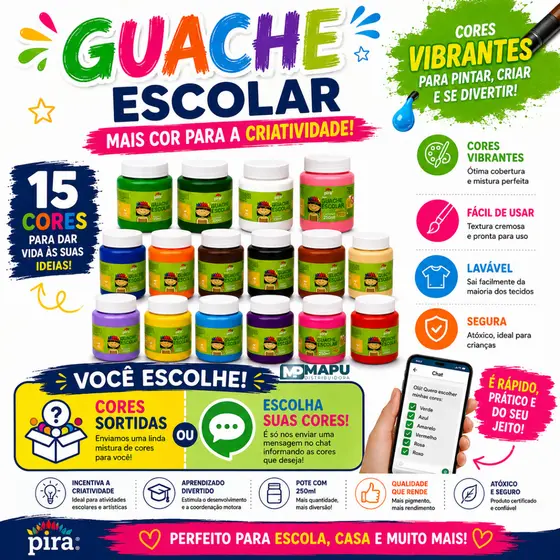 Kit 12 Tintas Guache Cores Variadas 250ml Piratininga