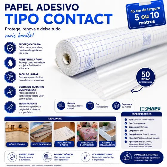 Papel Adesivo Tipo Contact Cristal Transparente 45cm x 5 ou 10 Metros