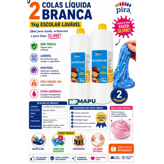 2 Colas Branca Líquida 1Kg Escolar Artesanato Slime