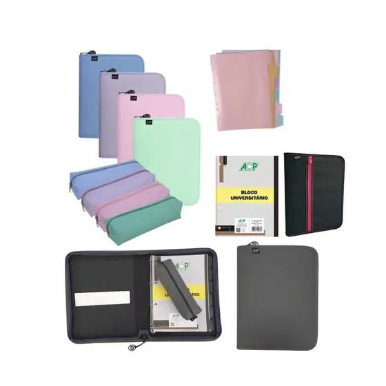 Caderno Fichário Universitário Argolado ACP + Estojo + Bloco 96 Folhas