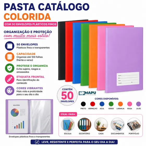 Pasta Catálogo Colorida com 50 Envelopes Plásticos Finos – ACP