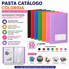 Pasta Catálogo Colorida com 50 Envelopes Plásticos Finos – ACP