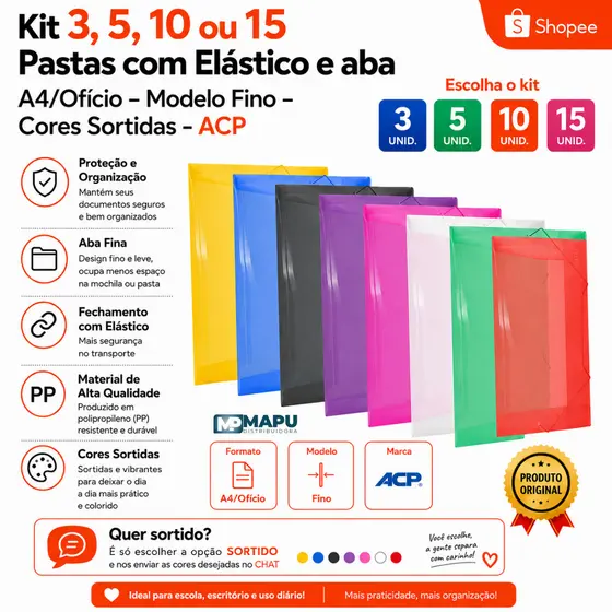 Kit 3, 5, 10 ou 15 Pastas com Elástico e aba A4/Ofício – Modelo Fino – Cores Sortidas - ACP