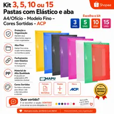 Kit 3, 5, 10 ou 15 Pastas com Elástico e aba A4/Ofício – Modelo Fino – Cores Sortidas - ACP