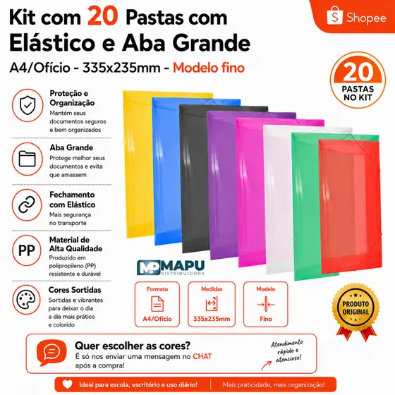 Kit com 20 Pastas com Elástico e Aba Grande A4/Ofício - 335x235mm - Modelo fino