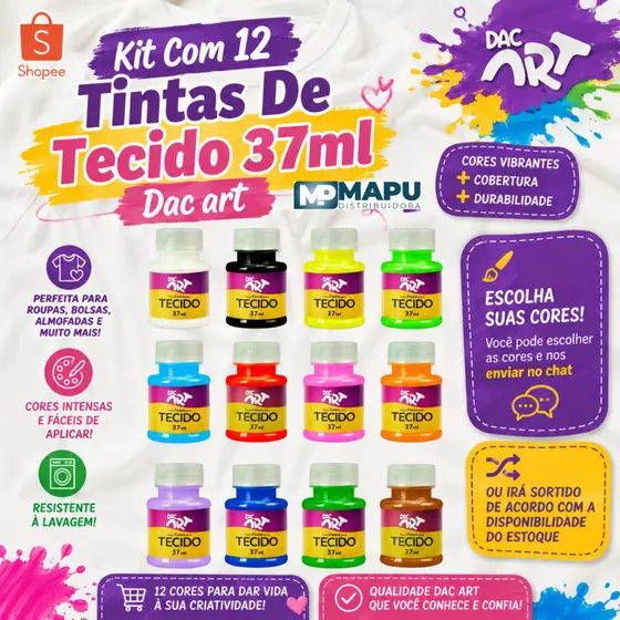 Kit Com 12 Tintas De Tecido Dac art - 37ml