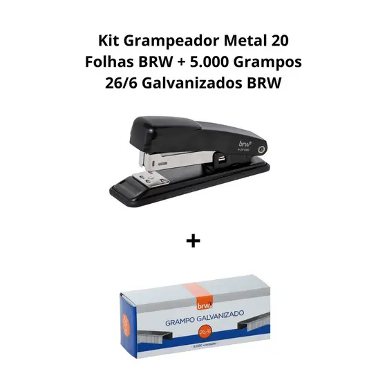 Kit Grampeador 20 folhas - BRW + 5.000 Grampos 26/6 Galvanizados