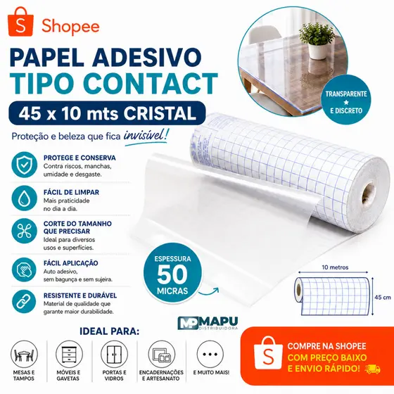Papel Adesivo Tipo Contact 45 x 10 mts Cristal
