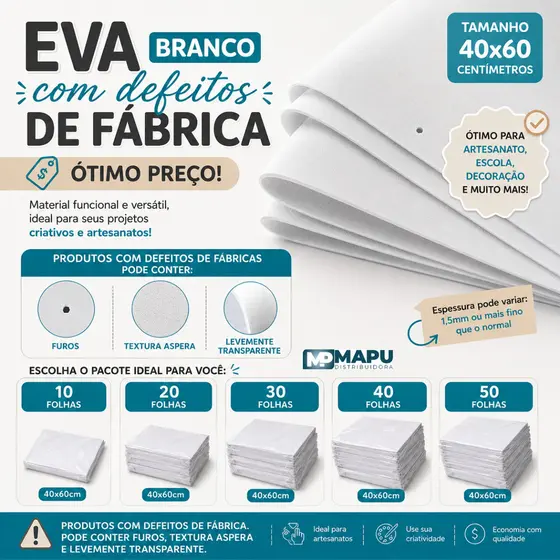 Folhas de EVA Branco (40x60cm) com Defeitos de Fábrica - Ótimo Preço!