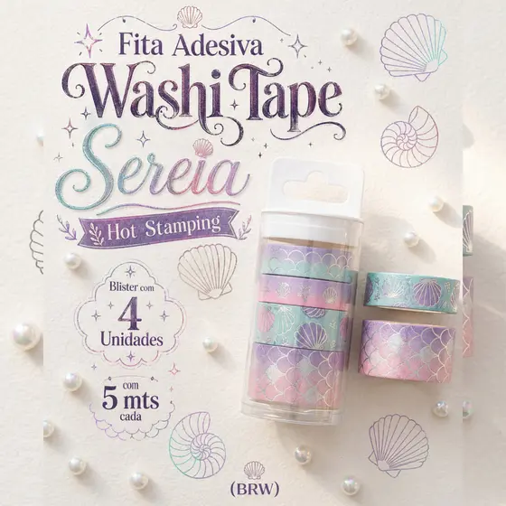 Fita Adesiva Washi Tape Sereia Hot Stamping - Blister com 4 Unidades com 5 mts cada (BRW)