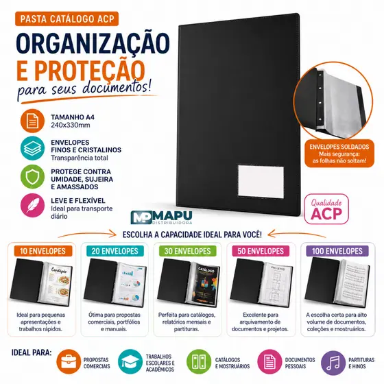 Pasta Catálogo com 10, 20, 30, 50 e 100 Envelopes Finos para Hino Cardápio Escolar Tamanho A4  ACP