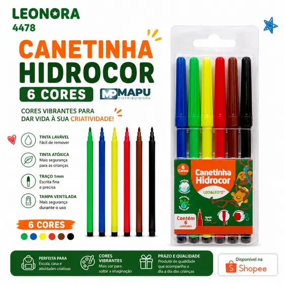 Escolha entre 10, 20 ou 30 und de Canetinha Hidrográfica 6 Cores Hidrocor Canetinhas Escolar Leo&Leo