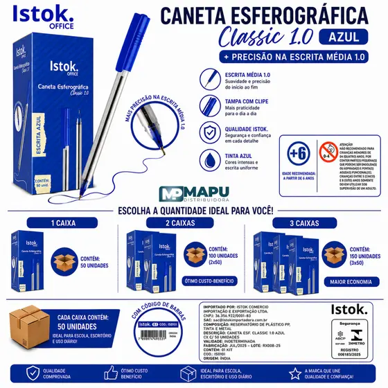 Caneta Esferográfica Classic 1.0 - Azul - Mega Promoção