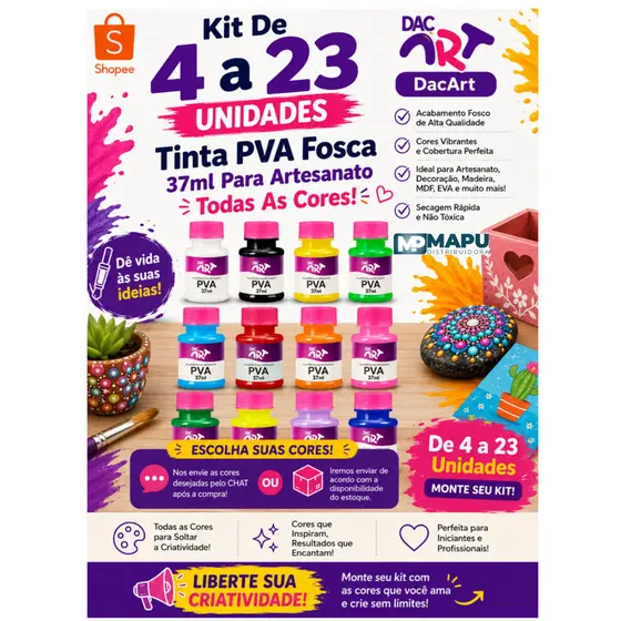 Kit de 4 a 23 Unidades de Tinta PVA Fosca 37ml para Artesanato DacArt - Todas as Cores