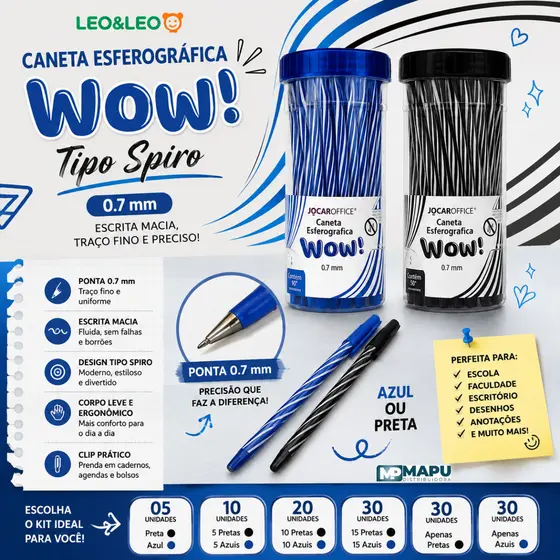 Caneta Esferográfica Tipo Spiro Wow Fun Leo&Leo 0.7mm | Azul ou Preta | Escrita Macia