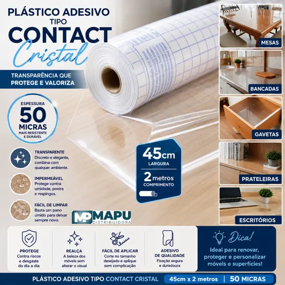 Papel Adesivo Tipo Contact 45cm x 2m - Cristal