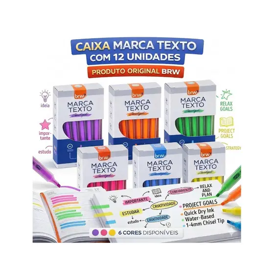 Caixa Marca Texto Fluorescente 12 Unidades Ponta Chanfrada 1-4mm Escolar - BRW